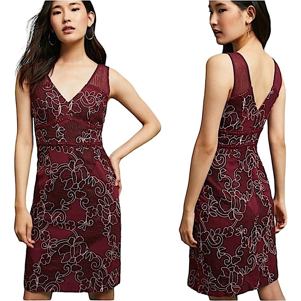 Anthropologie Moulinette Soeurs Ariana Lace Embroidered Sheath Dress in Burgundy